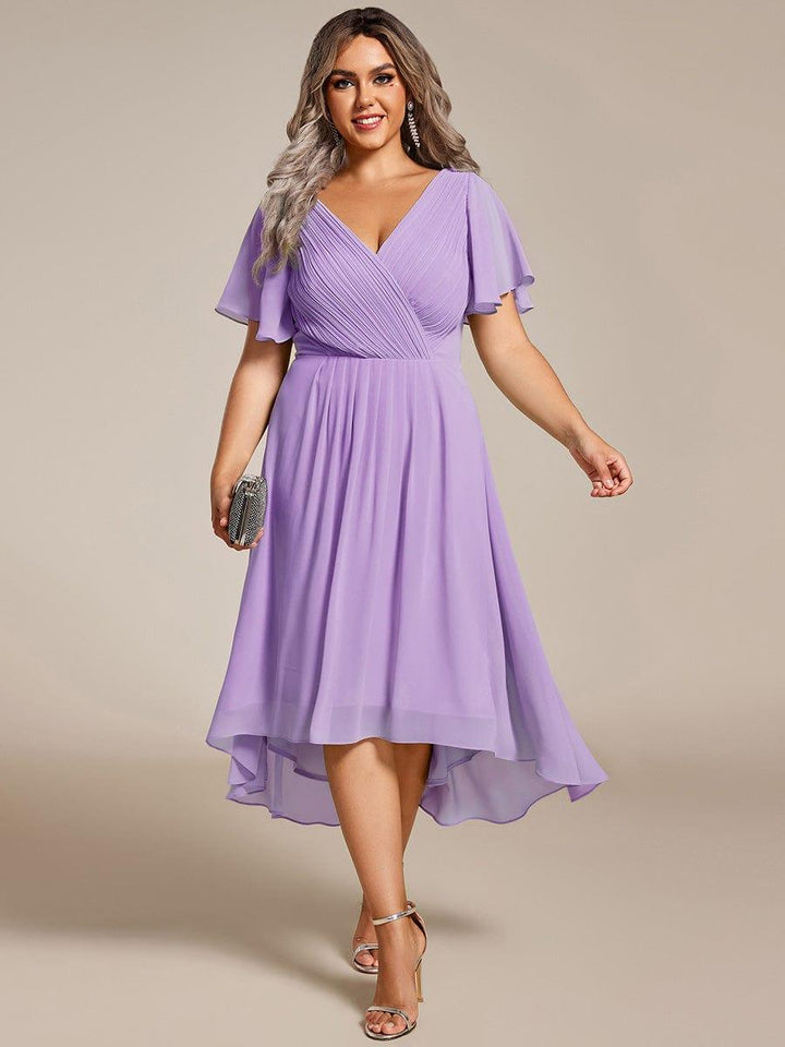 Robe de invitée de mariage en mousseline avec col en V et manches courtes 105
