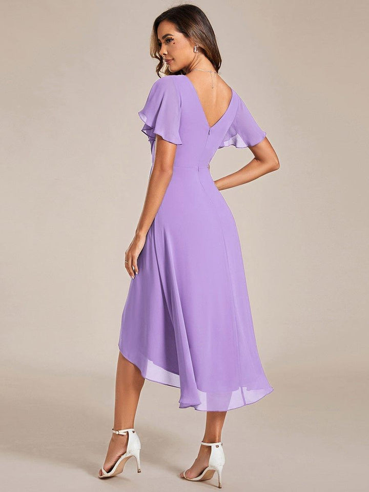 Robe de invitée de mariage en mousseline avec col en V et manches courtes 101
