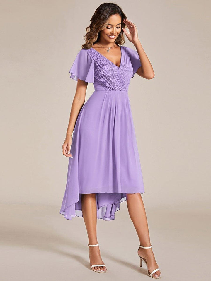 Robe de invitée de mariage en mousseline avec col en V et manches courtes 104