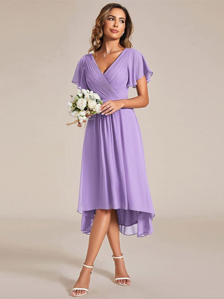 Robe de invitée de mariage en mousseline avec col en V et manches courtes 102