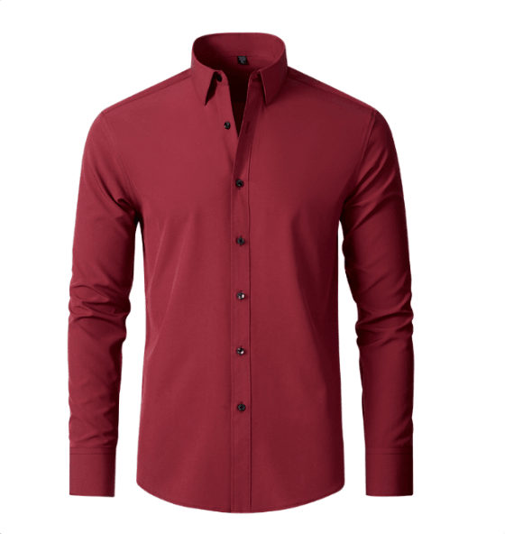 Chemise rouge bordeaux à col boutonné et boutons noirs, présentée à plat sur fond blanc, vue de face. 7