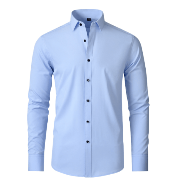 Chemise bleu clair à manches longues, col classique et boutons foncés, présentée sur fond blanc, vue de face. 8