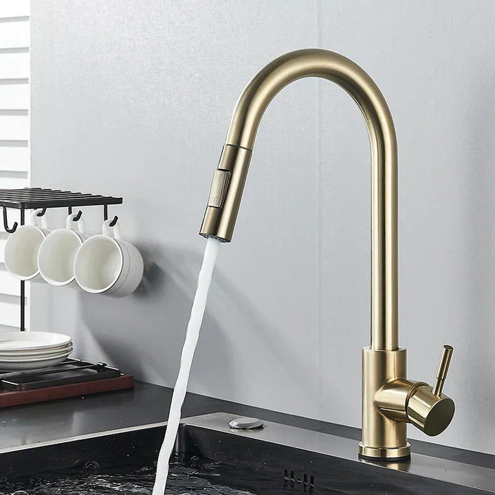 Robinet doré brossé à bec haut et douchette, avec un jet d'eau, près d'un égouttoir à tasses et assiettes. 6