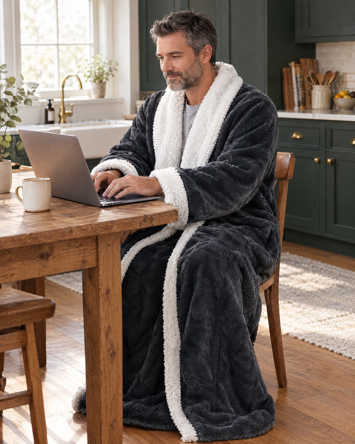Homme travaillant sur un ordinateur portable à une table de cuisine, vêtu du peignoir gris long à col sherpa, mains libres grâce aux manches. 9
