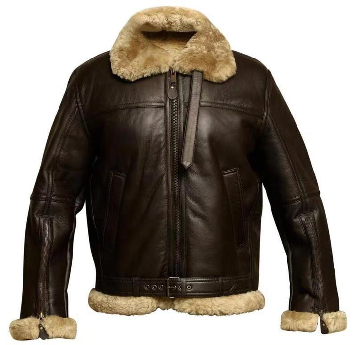 Veste en cuir brun foncé vue de face sur fond blanc, avec col, poignets et bas fourrés 6