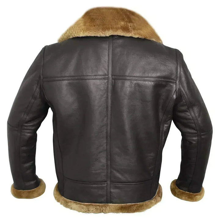 Dos de la veste en cuir brun foncé avec coutures verticales et horizontales, col et poignets fourrés 7