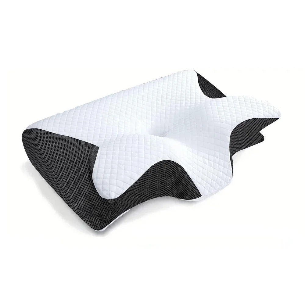 Oreiller ergonomique blanc matelassé à flancs en maille noire, vu en plongée sur fond blanc 1