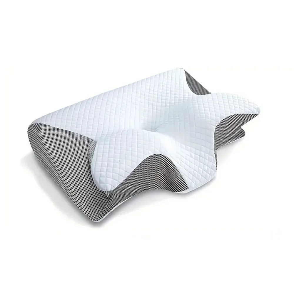 Oreiller ergonomique blanc matelassé à flancs en maille grise, seul sur fond blanc 5