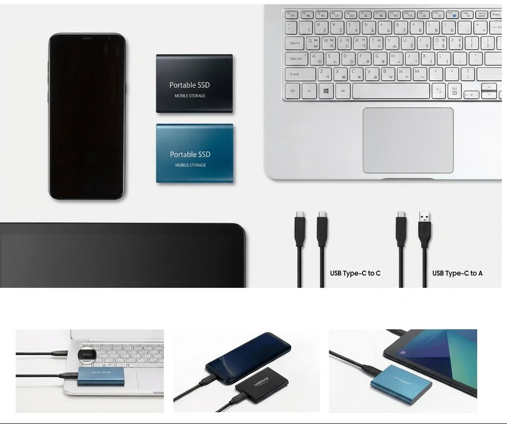 Disque SSD à plat avec téléphone, ordinateur portable et câbles USB-C, puis trois exemples de branchement 5