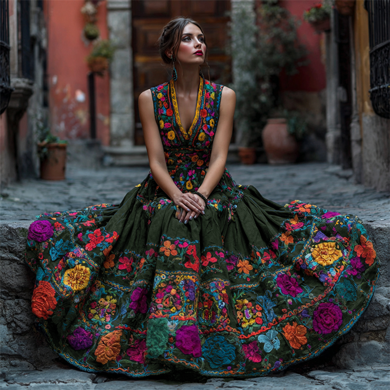 Même pose avec la robe vert foncé, aux fleurs brodées multicolores sur le corsage et le bas de la jupe. 4