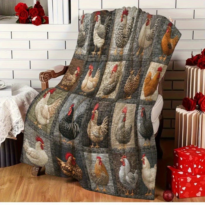 Couverture à poules et coqs aux tons gris et bruns, drapée sur un fauteuil en bois 12
