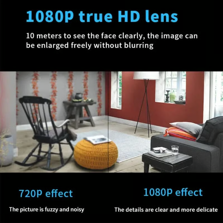 Comparaison d'un salon en qualité 720p floue et en 1080p nette, illustrant la netteté de l'image de la caméra. 1