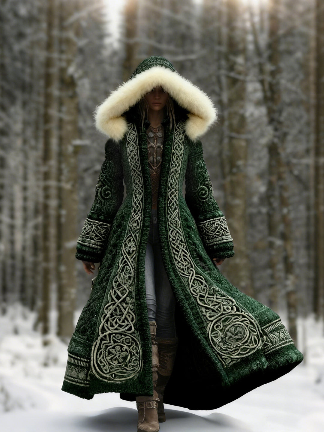 Même manteau en version vert foncé, broderies claires, porté dans une forêt enneigée 3