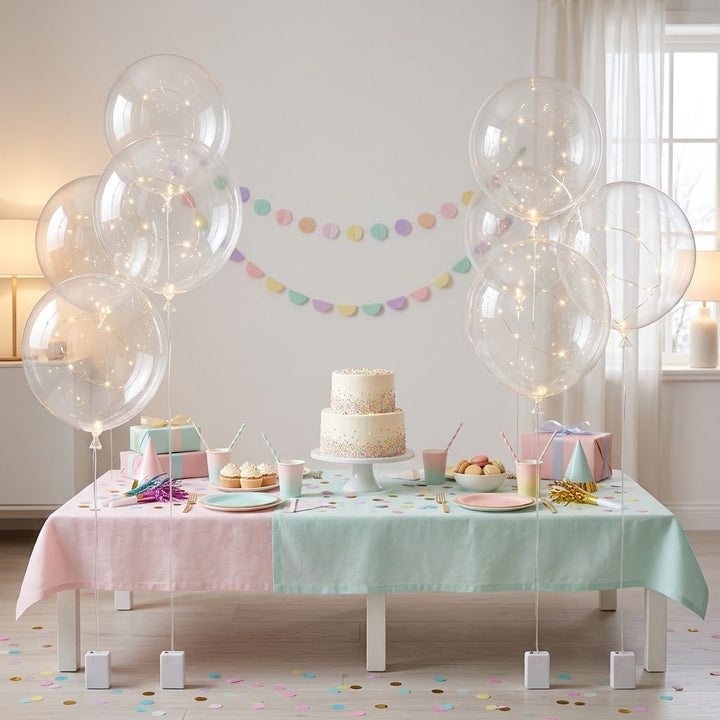 Ballons lumineux autour d'une table d'anniversaire aux tons pastel avec gâteau, cupcakes et guirlande de confettis 7