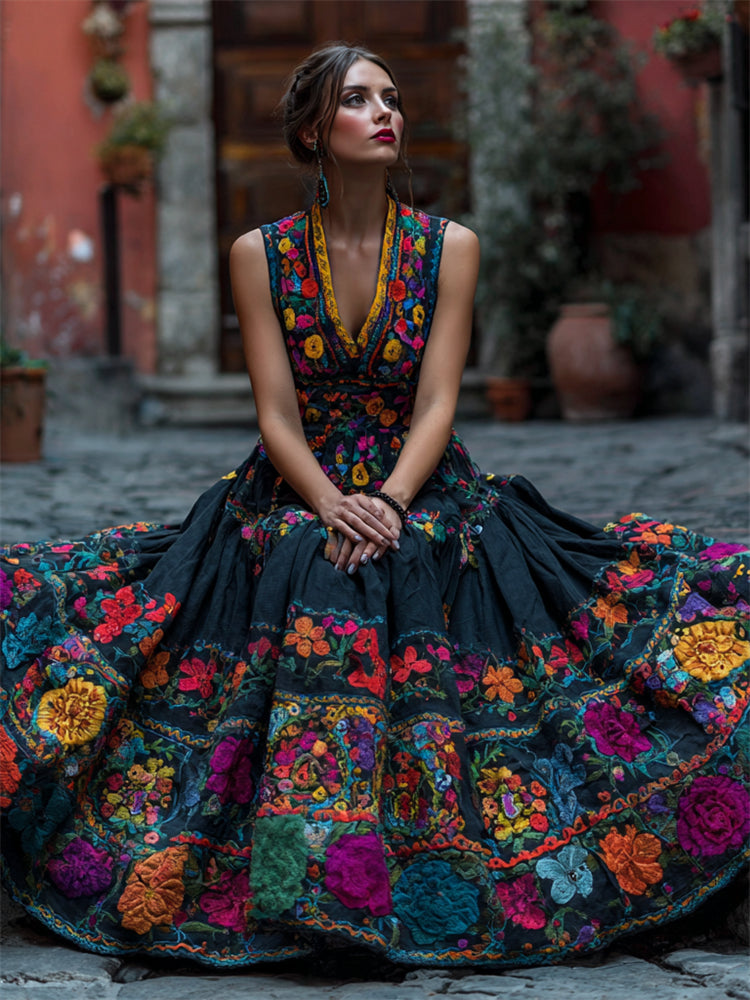 Femme assise dans une ruelle pavée, portant la robe noire brodée de grosses fleurs colorées, col en V et jupe ample étalée. 1