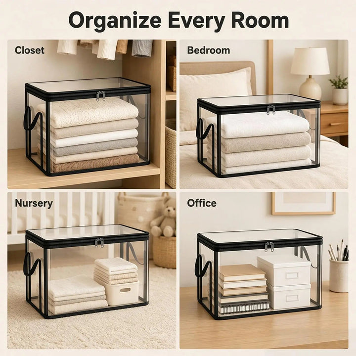 Quatre vues du bac transparent dans un dressing, une chambre, une chambre d'enfant et un bureau, avec linge, boîtes et livres. 3