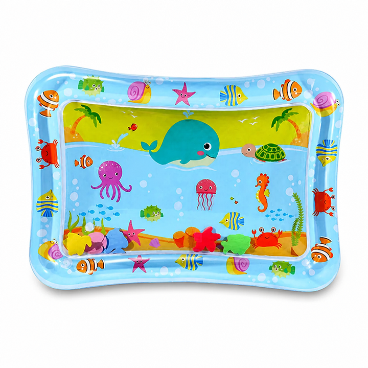 Tapis d'eau rectangulaire bleu aux angles arrondis, décor de baleine, pieuvre et poissons, avec petites figurines flottantes à l'intérieur. 7
