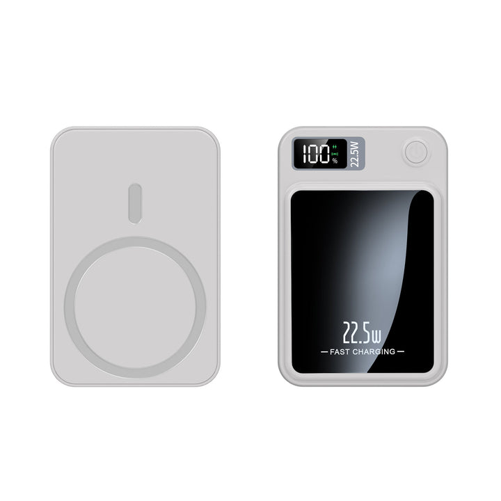 Chargeur portable blanc, vu de dos avec son anneau magnétique et de face avec son écran miroir et son bouton. 2
