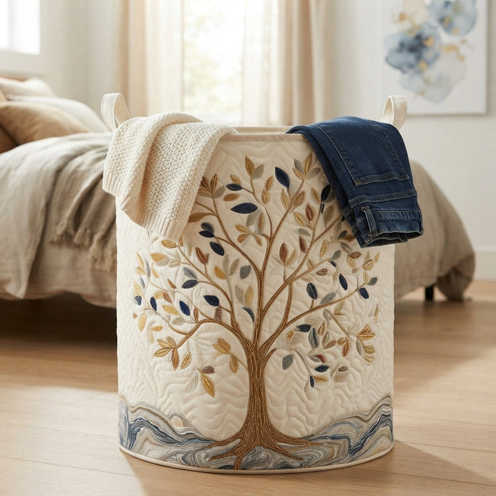 Panier posé sur un parquet dans une chambre, avec un gilet clair et un jean au bord 4