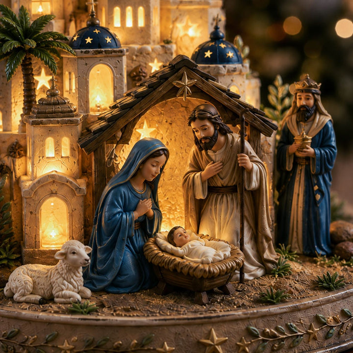 Gros plan sur la scène de la Nativité : Marie, Joseph, l'enfant dans sa mangeoire, un agneau et un roi mage, éclairés. 3
