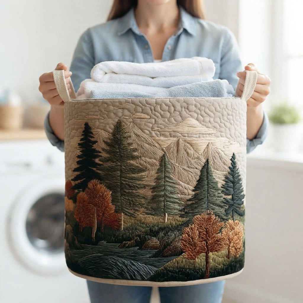 Femme en chemise bleue tenant par les anses le panier forêt rempli de serviettes pliées, devant un lave-linge. 12