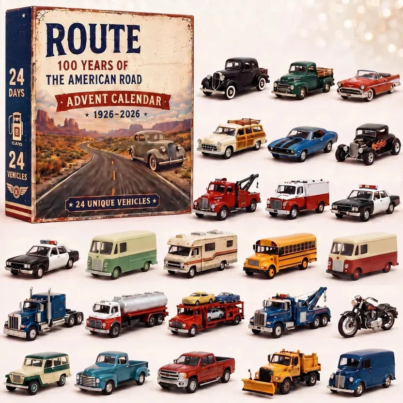 Coffret rétro de la route américaine posé près de véhicules variés: camions, bus, camping-car, dépanneuse, moto et voitures 6
