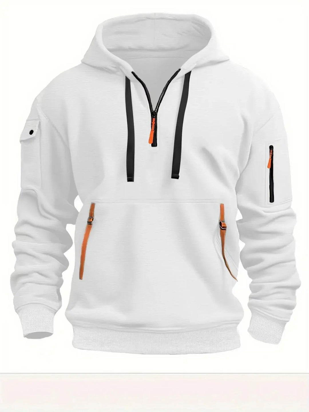 Vue de face du coloris blanc, avec cordons de capuche noirs et détails orange sur les zips des poches. 3