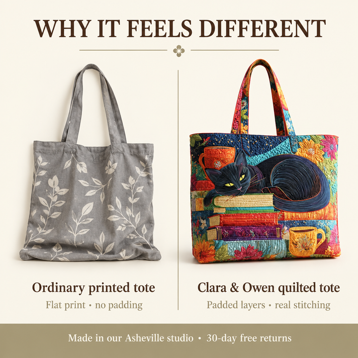 Comparaison côte à côte d'un tote bag gris à motif de feuilles et du sac matelassé coloré au chat noir. 4
