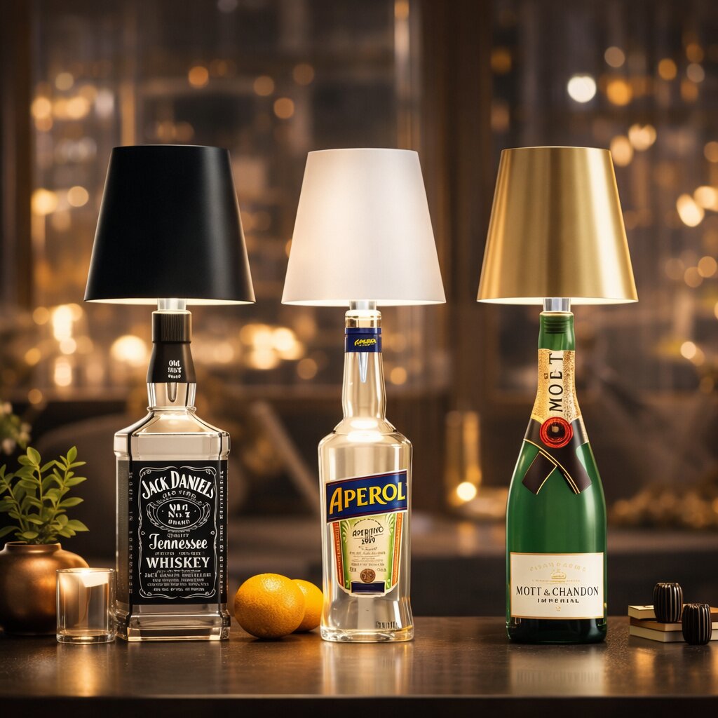 Trois bouteilles dont l'abat-jour est noir, blanc ou doré, éclairées sur une table dans une ambiance chaleureuse 1