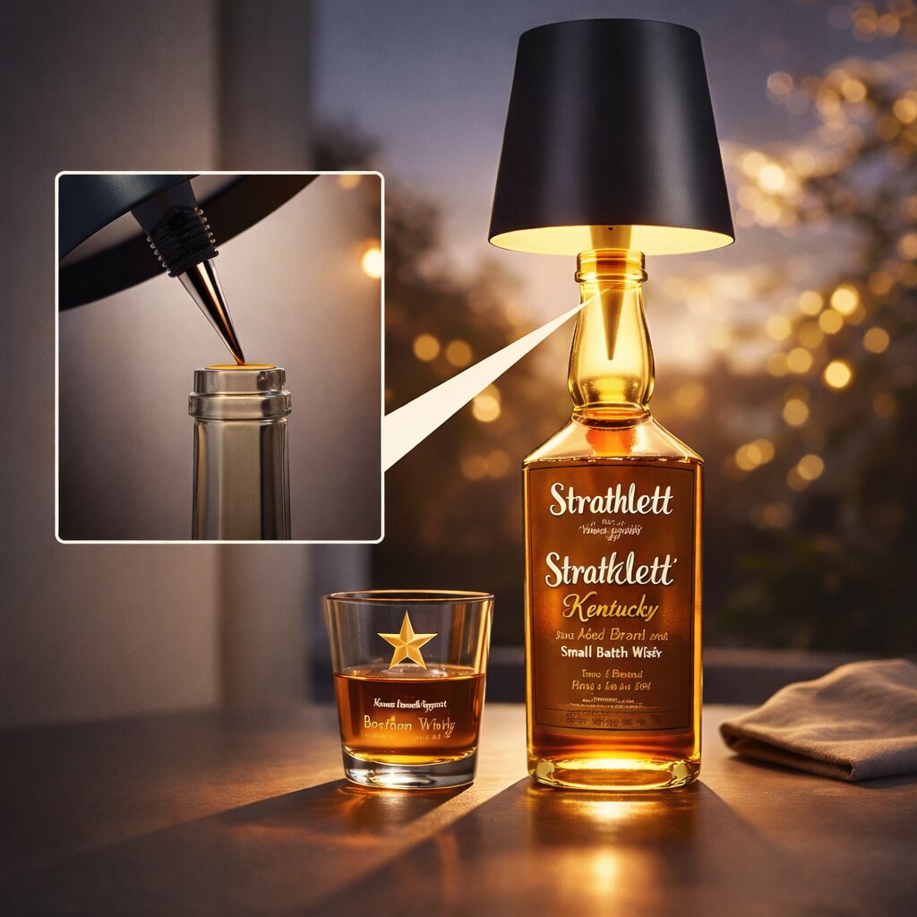 Lampe à abat-jour noir sur une bouteille ambrée, avec un zoom sur le bouchon conique inséré dans le goulot 4