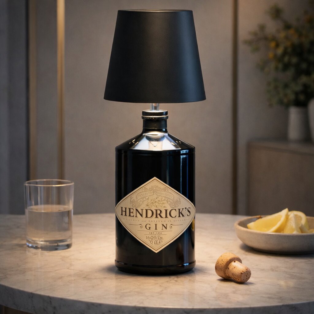 Abat-jour noir posé sur une bouteille sombre, sur une table en marbre avec un verre et des citrons 9