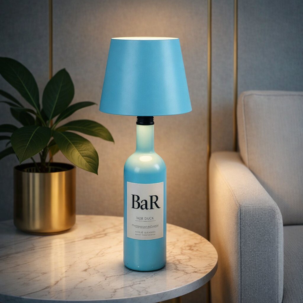Lampe allumée sur une bouteille bleu clair, posée sur une table en marbre près d'un fauteuil gris et d'une plante 21