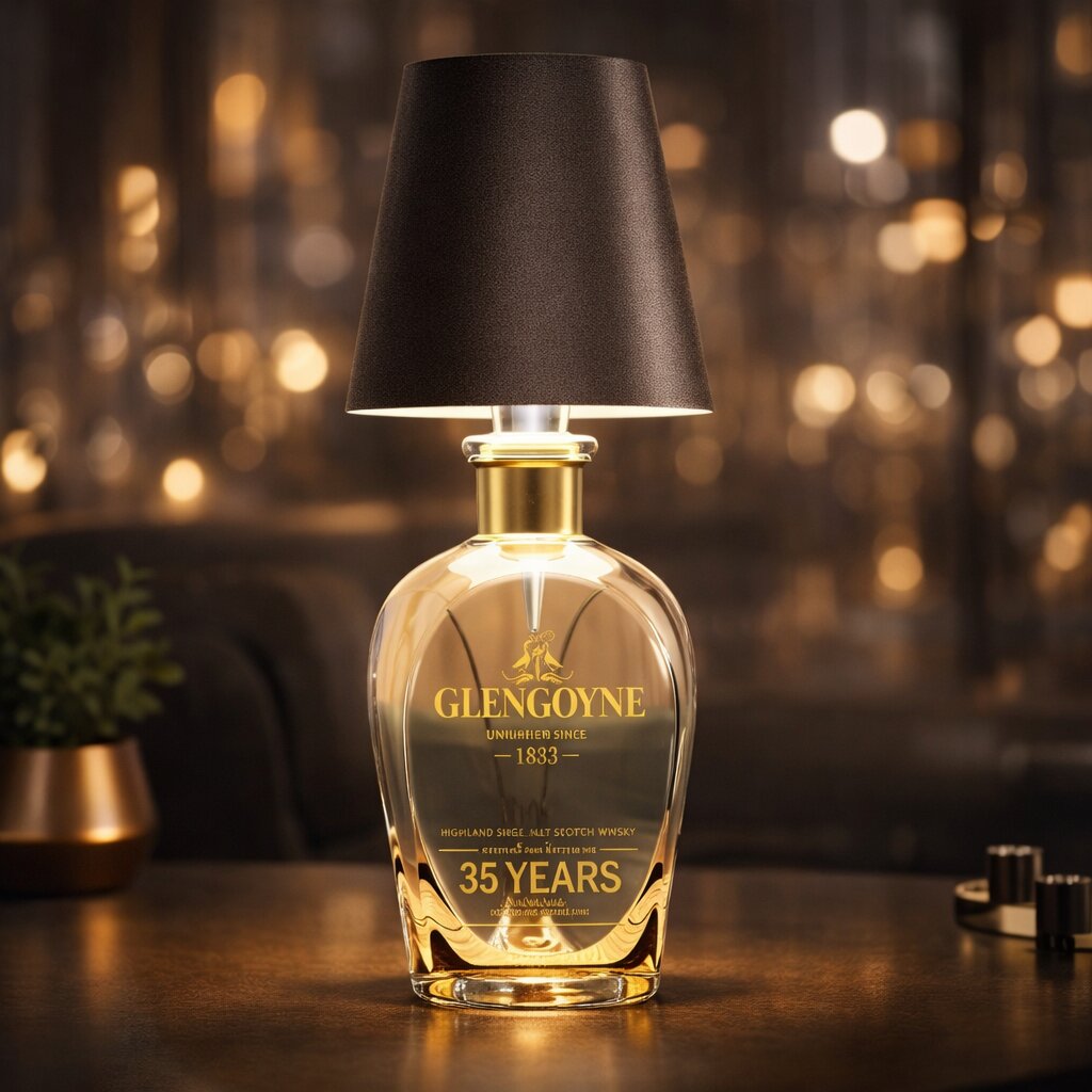 Abat-jour sombre allumé sur un flacon en verre transparent à col doré, sur une table au décor chaleureux 13