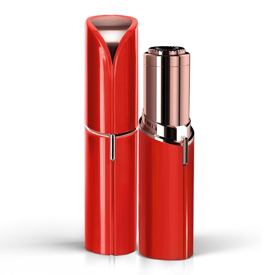 Version rouge brillant de l'épilateur, capuchon fermé à gauche et appareil ouvert à droite avec sa tête dorée rosée. 2