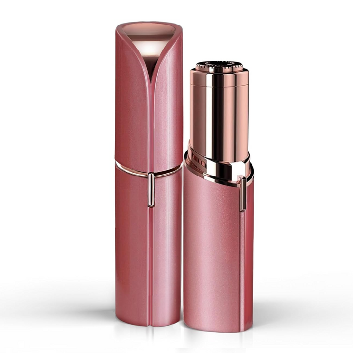 Version rose poudré nacré de l'épilateur, capuchon fermé à gauche et appareil ouvert à droite avec sa tête dorée rosée. 3