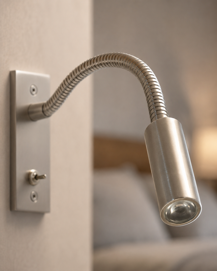 Détail de l'applique en métal brossé argenté : plaque murale, interrupteur à bascule, bras en spirale et tête cylindrique avec LED. 7