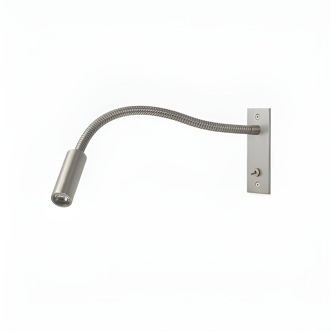 Version inversée de l'applique en nickel satiné : plaque à droite, interrupteur en dessous et bras flexible dirigé vers la gauche. 11