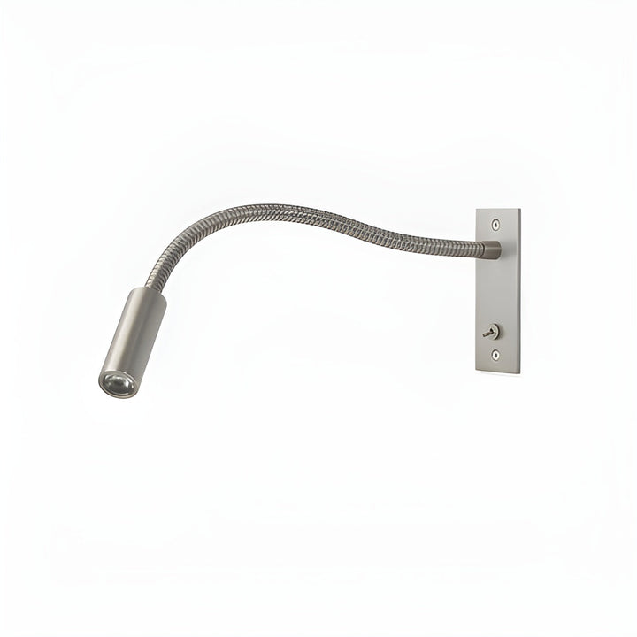 Version inversée de l'applique en nickel satiné : plaque à droite, interrupteur en dessous et bras flexible dirigé vers la gauche. 11