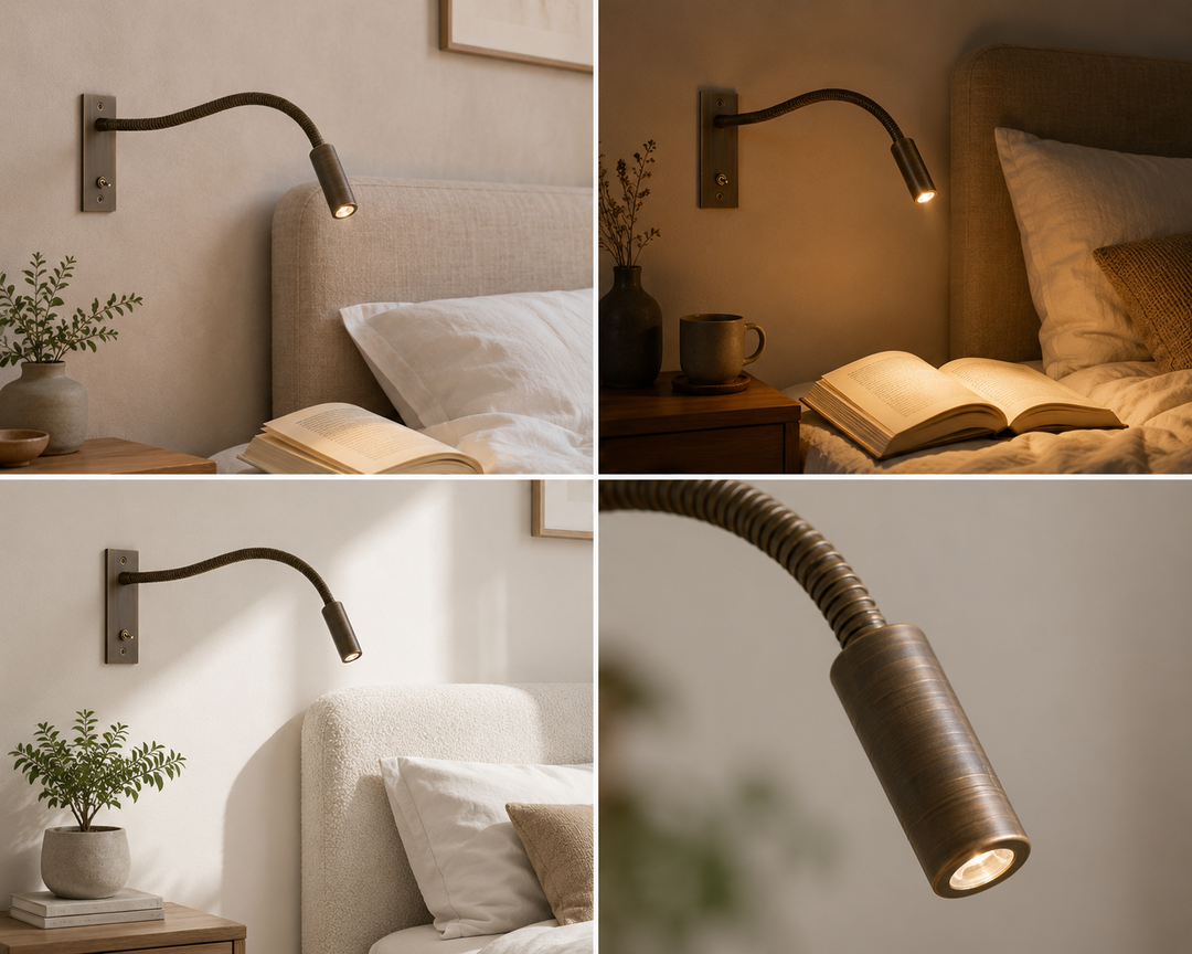 Quatre vues en mosaïque de l'applique en finition bronze vieilli : au-dessus d'un lit, éclairant un livre ouvert, avec plante, et en détail de la tête. 5