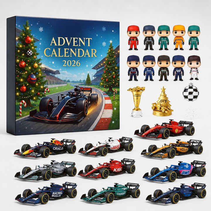 Boîte du calendrier entourée de son contenu à plat: figurines de pilotes, voitures de course miniatures, trophées dorés et boule à damier. 1