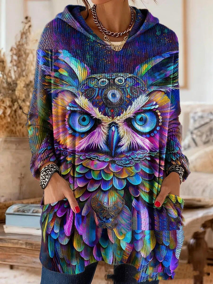 Version à imprimé de hibou multicolore aux grands yeux bleus, sur maille côtelée violette et turquoise, portée avec poches plaquées. 3