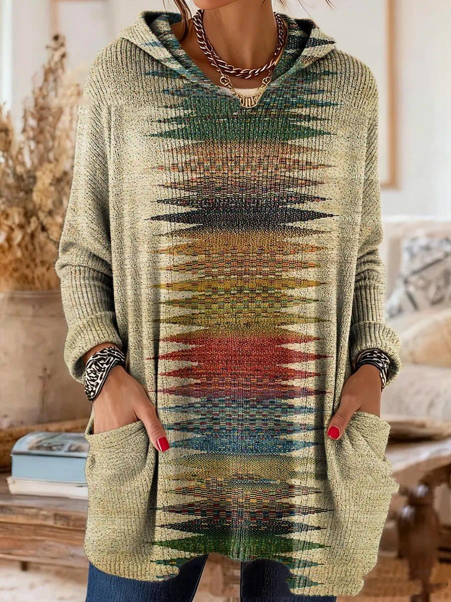 Version beige à bande verticale d'éclats colorés vert, rouge, jaune et bleu, portée par un mannequin les mains dans les poches. 5