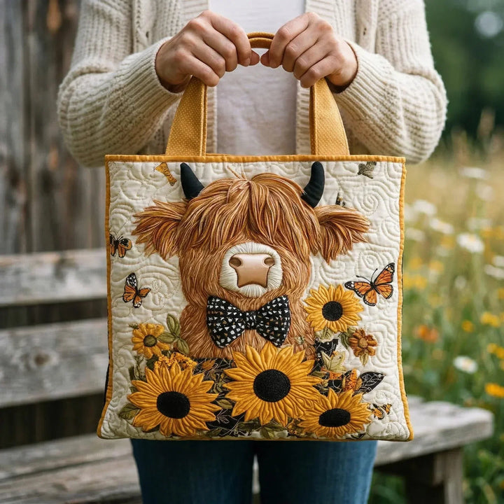 Cabas matelassé à motif de vache highland et tournesols, tenu par les anses devant le buste d'une personne en gilet clair. 2
