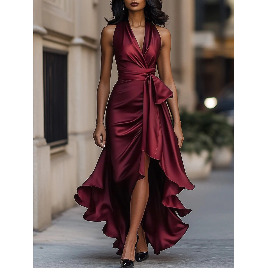 Vue de face en bordeaux : robe satinée portée par un mannequin, corsage drapé, nœud à la taille et ourlet à volants. 2