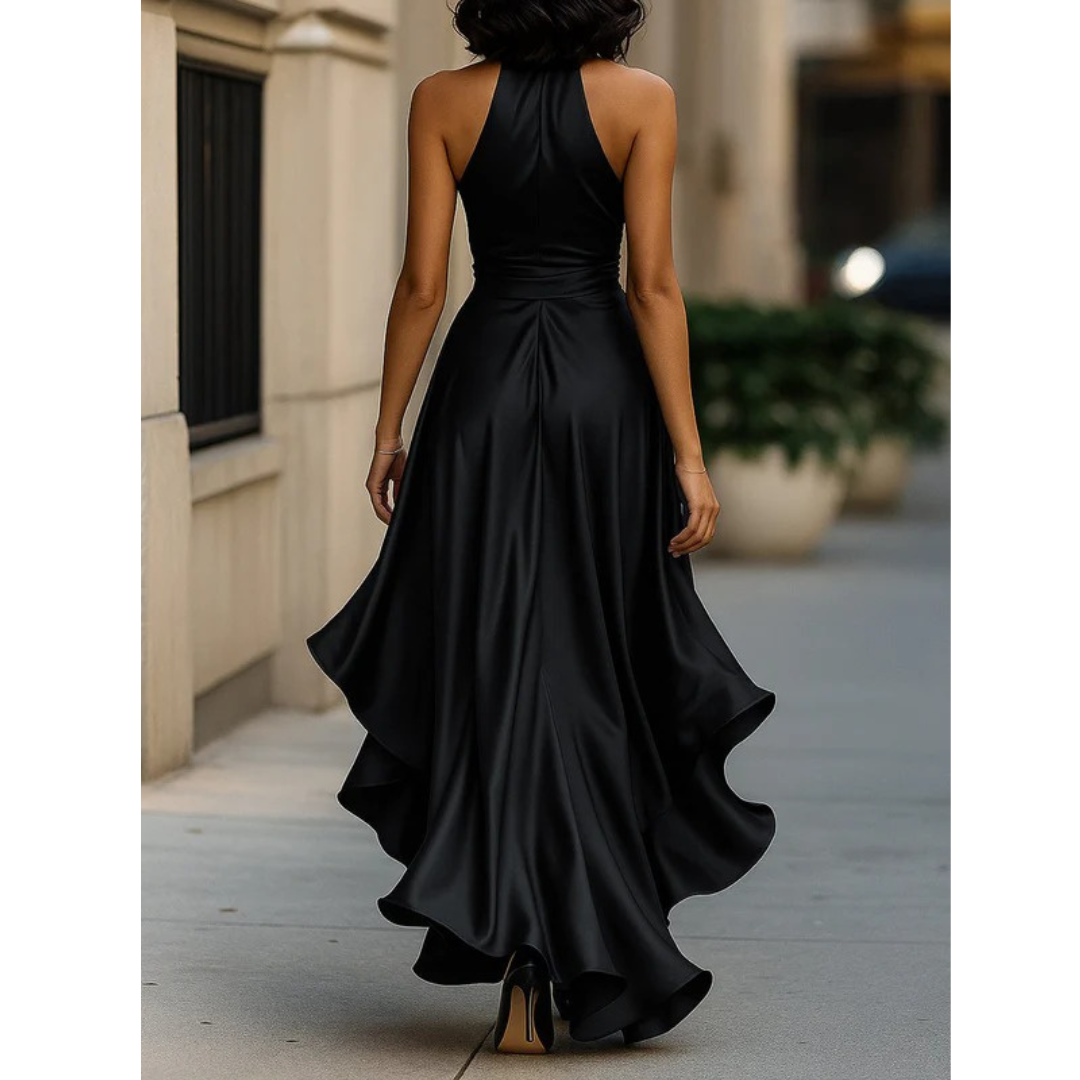 Vue de dos en noir : robe satinée à col licou, taille ajustée et longue jupe à volants asymétriques. 12