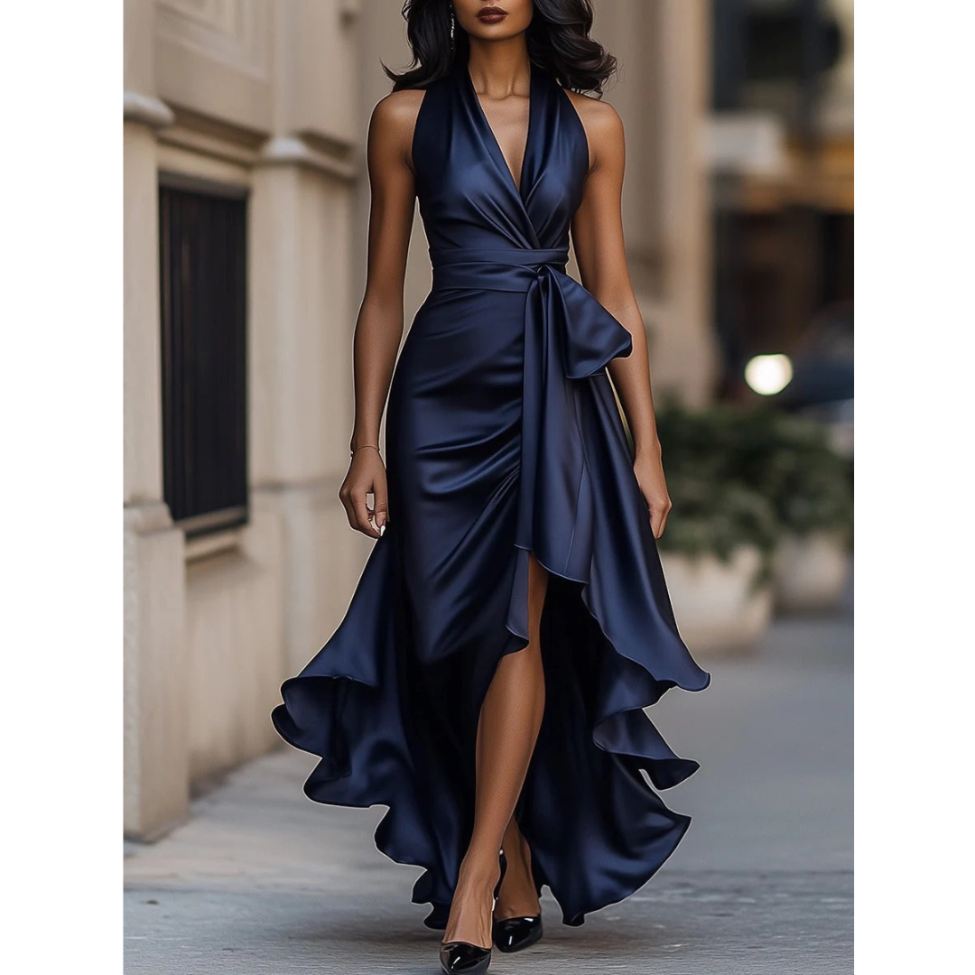 Vue de face en bleu marine : mannequin en robe satinée à col licou, ceinture nouée et fente haute, dans la rue. 1