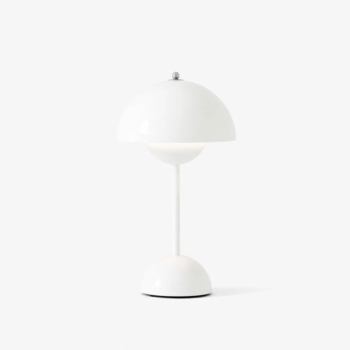 Lampe champignon blanche brillante allumée, vue de face sur fond blanc uni. 8