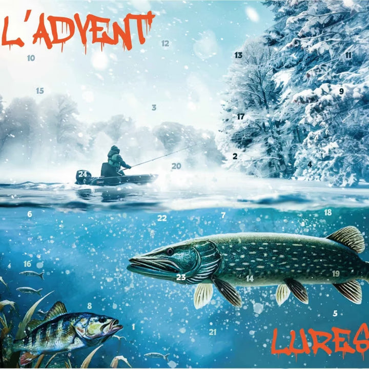 Illustration hivernale d'un pêcheur en barque sur un lac gelé, avec brochet et perche sous l'eau 4