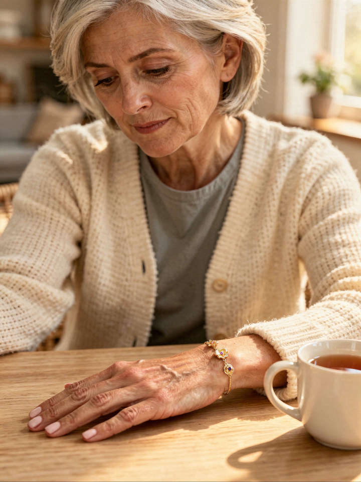 Femme aux cheveux gris, en gilet crème, la main posée sur une table en bois, portant le bracelet doré à trois fleurs, avec une tasse de thé. 8