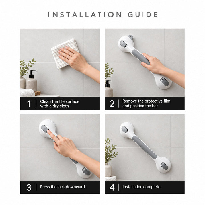 Guide d'installation en quatre étapes : nettoyer le carrelage, positionner la barre, abaisser le levier de verrouillage, installation terminée. 6